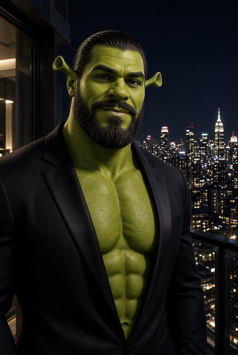$GIGASHREK in a black suit on a penthouse balcony above a night skyline