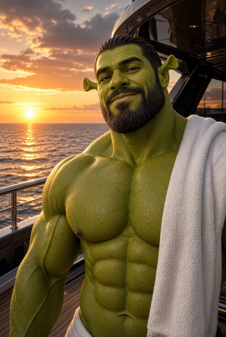 $GIGASHREK on a yacht deck at sunset with a towel over his shoulder